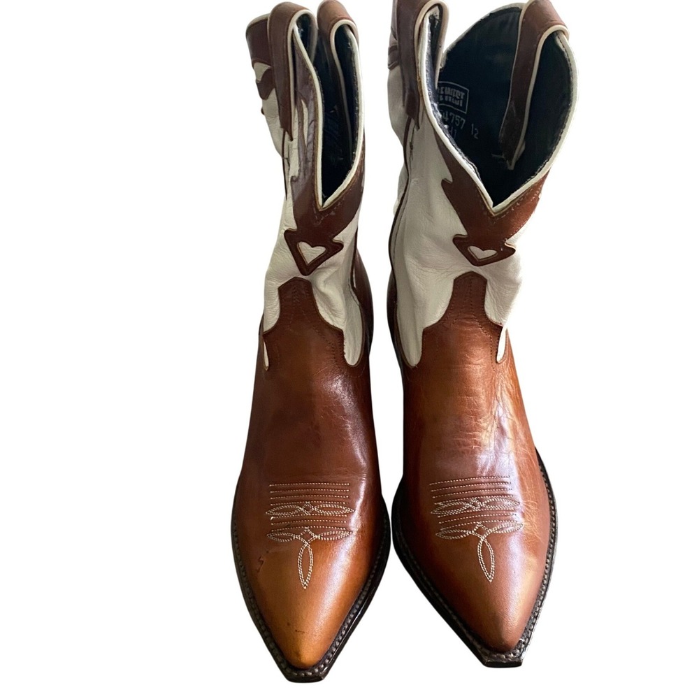 Code West Womens Vintage Western Boots Brown White Leather Cowboy Sz 8M USA